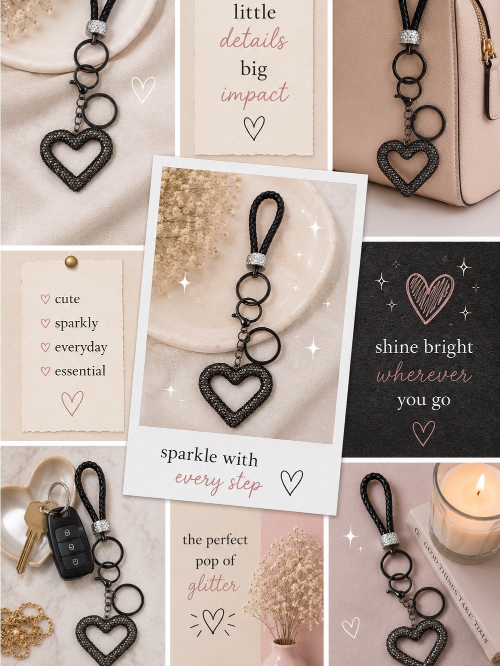 Black Glitter Heart Keychain Wristlet | Sparkly Glam Bag Charm | Neutral